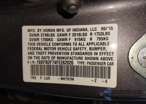 2015 Honda Civic Se из США, поврежденный, VIN 19XFB2F74FE262026